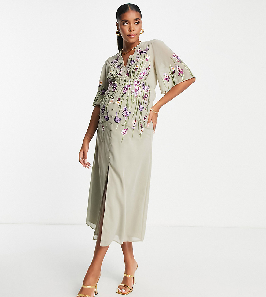 Hope & Ivy Maternity Adelaide embroidered dress in sage green