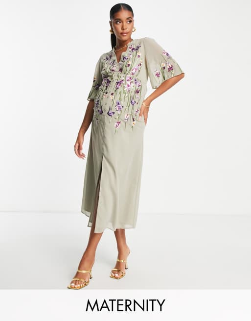 Hope & Ivy Maternity - Adelaide - Jurk met borduursels in saliegroen