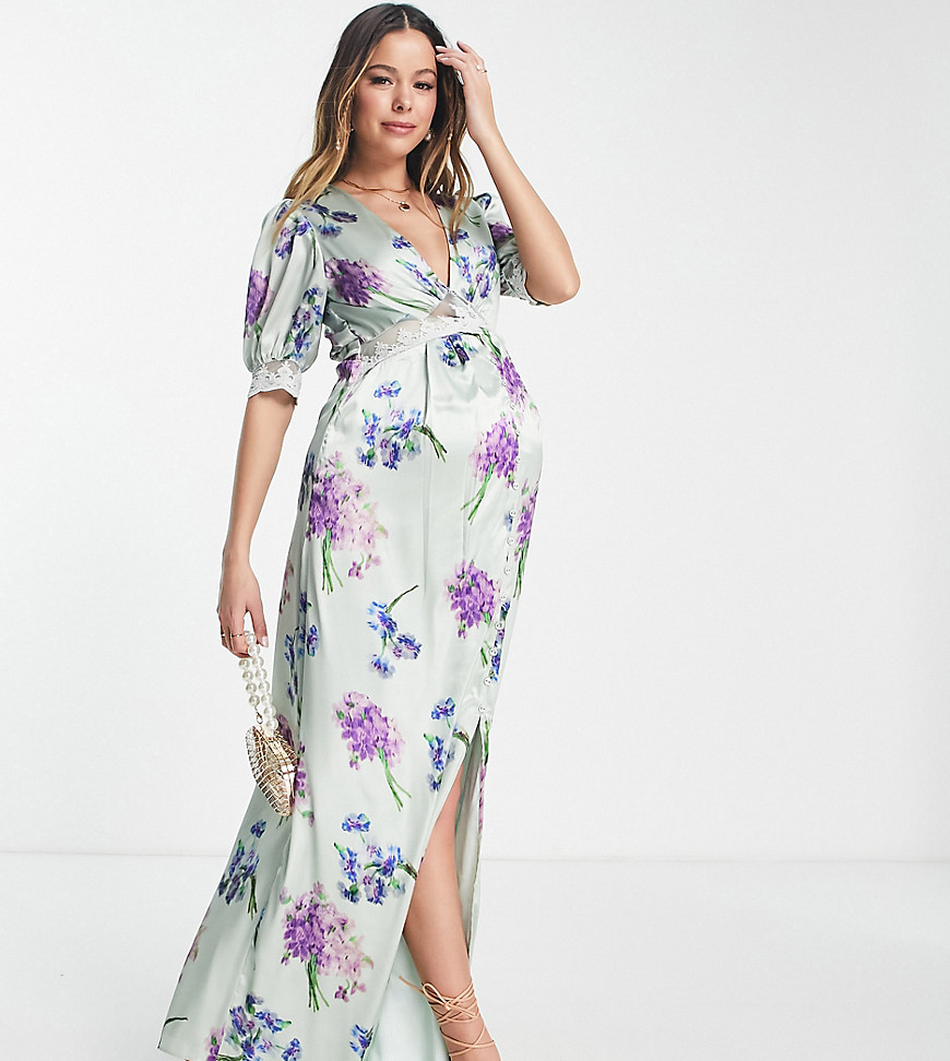 Hope & Ivy Maternity Avery floral print satin maxi dress in lilac-Purple