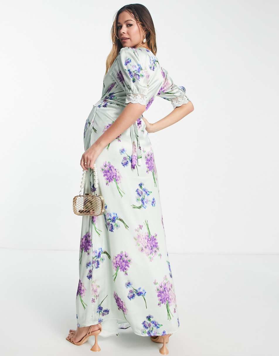 ASOS Hope & Ivy Maternity lace insert satin maxi dress in lilac floral