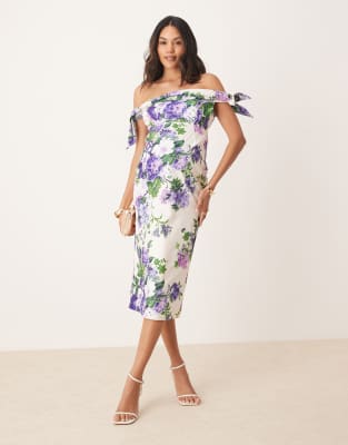 Hope & Ivy Maternity Hope & Ivy Maternity bardot sleeve pencil midi dress in white and purple