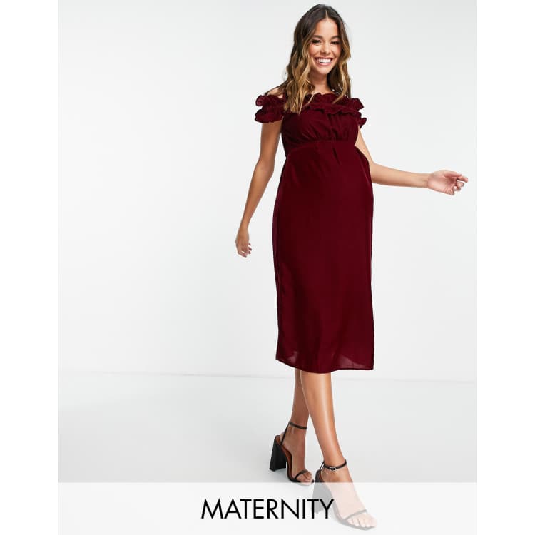 burgundy maternity formal dress Hope & Ivy Bardot velvet midi in style-number: 30UD11