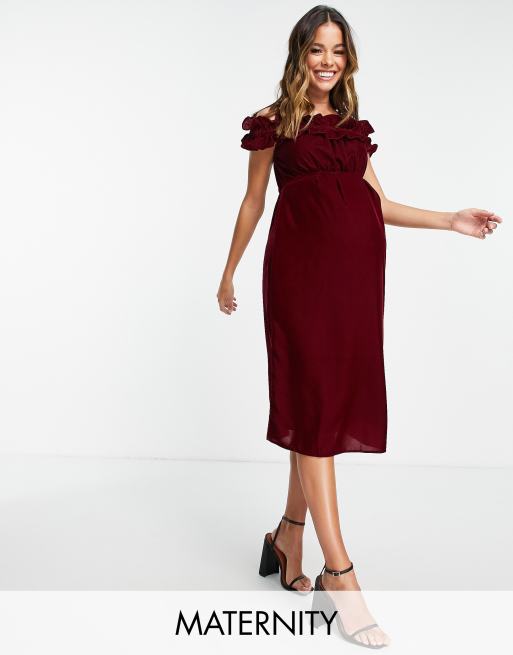 Hope Ivy Maternity bardot velvet midi dress in burgundy ASOS