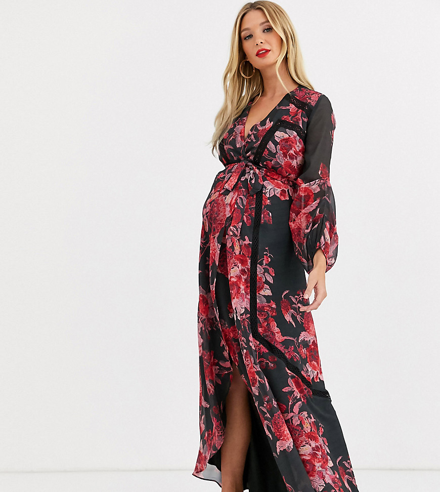 Hope & Ivy Maternity – Blommig maxiklänning med spetsinfällning, omlott och blusärm-Flerfärgad