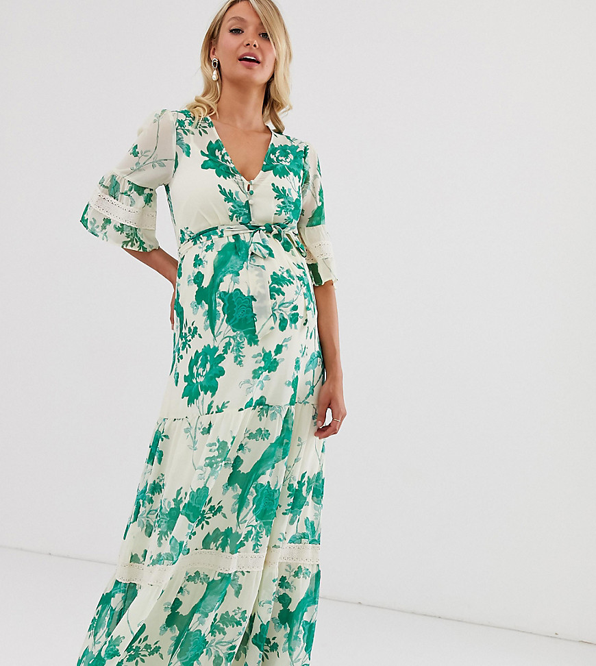 Hope & Ivy Maternity – boho – Grön blommig maxiklänning med spetsinfällningar-Flerfärgad