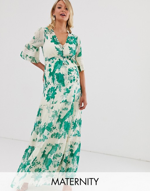 Hope & Ivy Maternity boho maxi dress with lace inserts in green floral multi