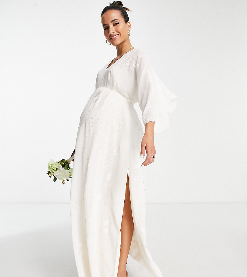 Hope & Ivy Maternity Bridal all over embroidered maxi dress in ivory-White