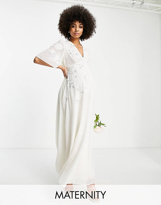 Hope & Ivy Maternity Bridal embroidered plunge maxi dress in ivory