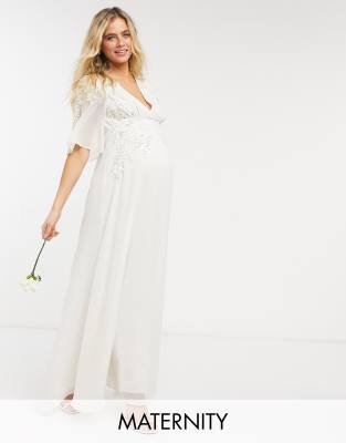 Hope & Ivy Maternity Bridal floral beaded and embellished maxi dress with v neck in ivory-White