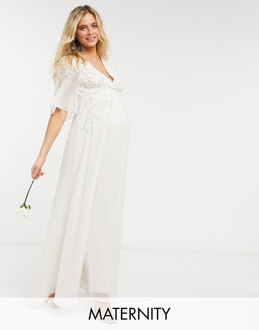 Hope & Ivy Maternity Bridal floral beaded and embellished maxi dress with v neck in ivory