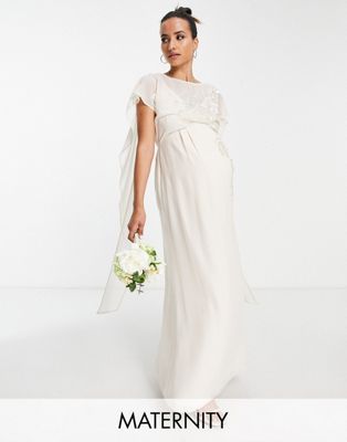 Hope & Ivy Maternity Bridal Tie Back Embroidered Maxi Dress In Ivory-purple