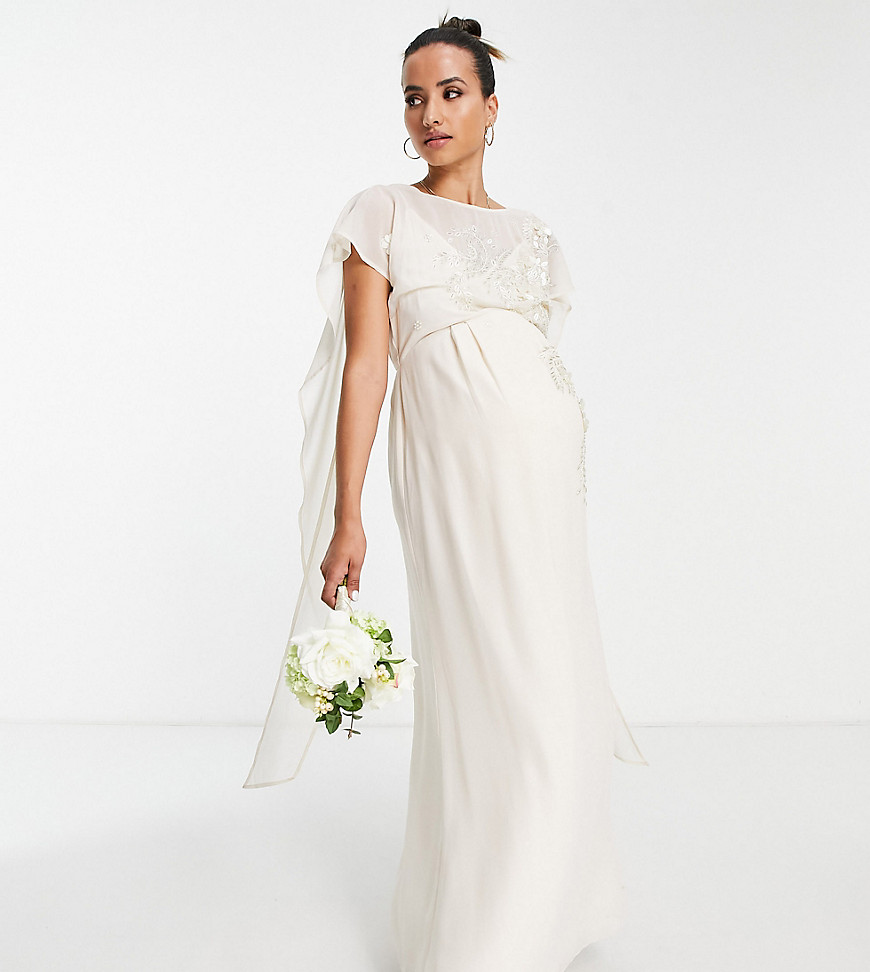 Hope & Ivy Maternity Bridal tie back embroidered maxi dress in ivory-Purple