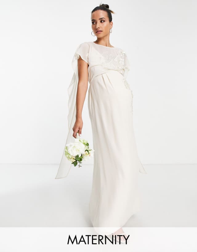 Hope & Ivy Maternity Bridal tie back embroidered maxi dress in ivory