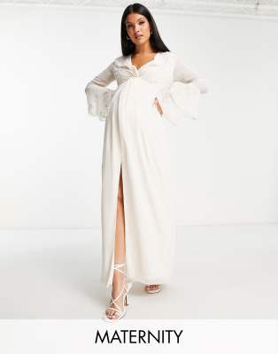 Bridal tiered sleeve embroidered maxi dress in ivory-White