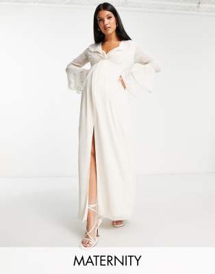 Hope & Ivy Maternity Bridal tiered sleeve embroidered maxi dress in ivory-White