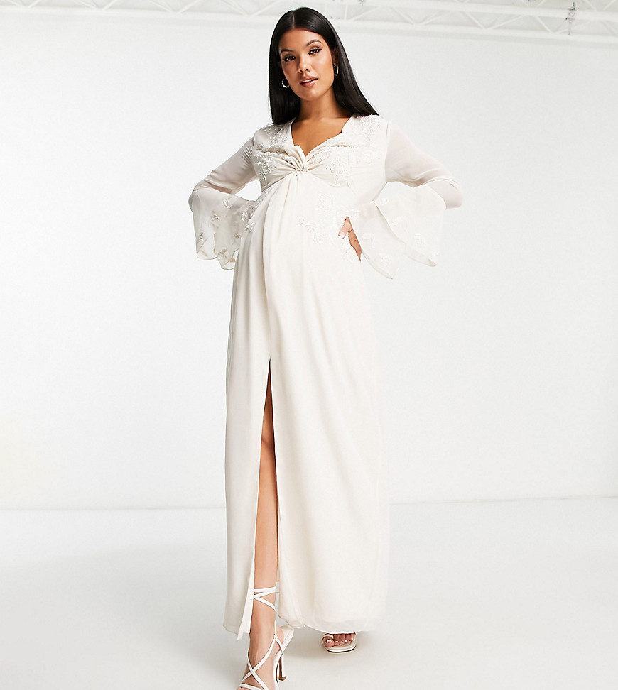 Hope & Ivy Maternity Bridal tiered sleeve embroidered maxi dress in ivory-White