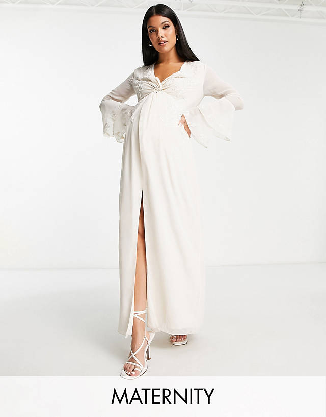 Hope & Ivy Maternity - bridal tiered sleeve embroidered maxi dress in ivory