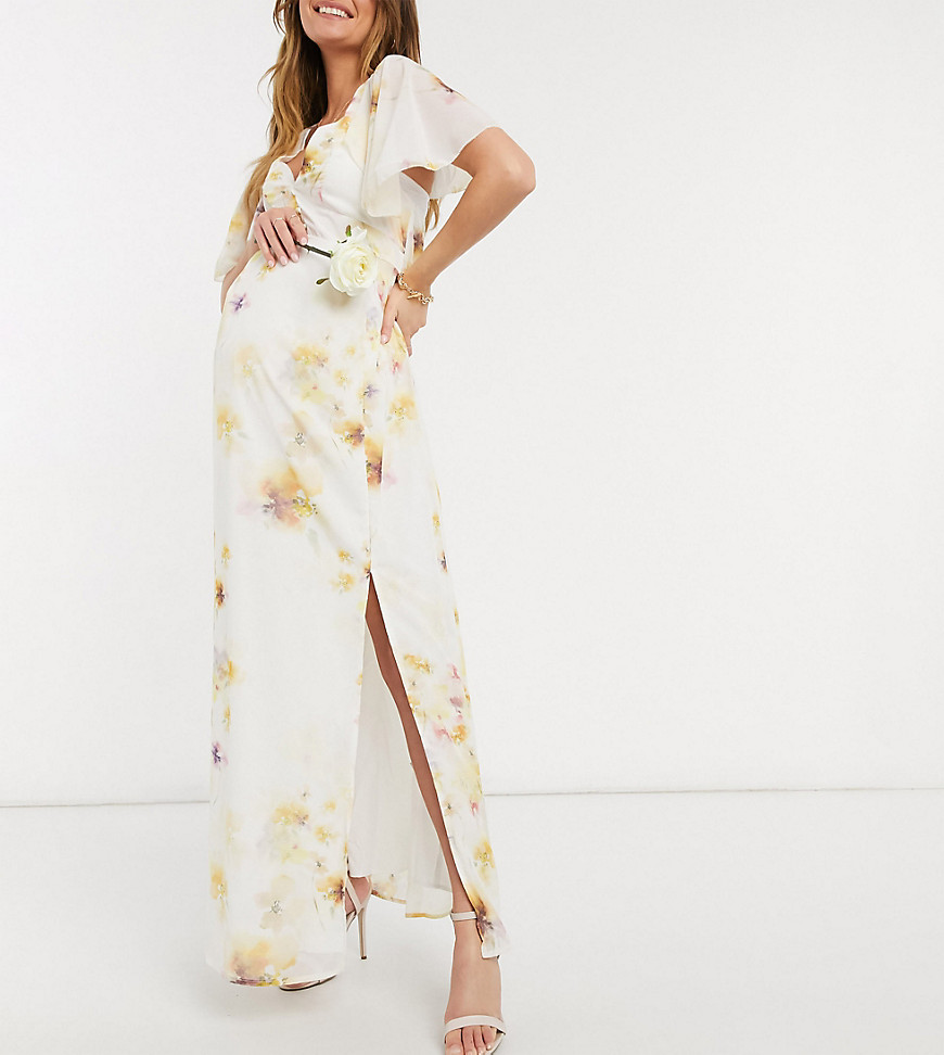 Hope & Ivy Maternity bridesmaid cape back maxi dress with slit in soft yellow floral-Multi