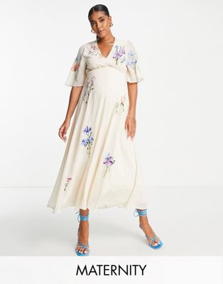 Hope & Ivy Maternity Carmen embroidered dress in cream - ASOS Price Checker