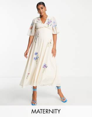 hope & ivy maternity carmen embroidered dress in cream