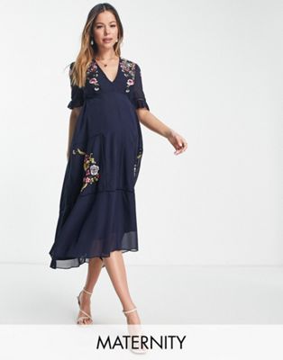 Hope & Ivy Maternity Claudine embroidered dress in navy - ASOS Price Checker