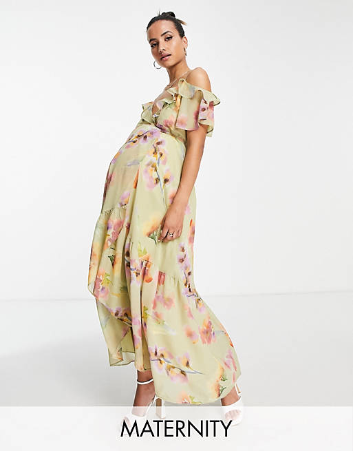 Hope & Ivy Maternity cold shoulder ruffle maxi dress in sage floral