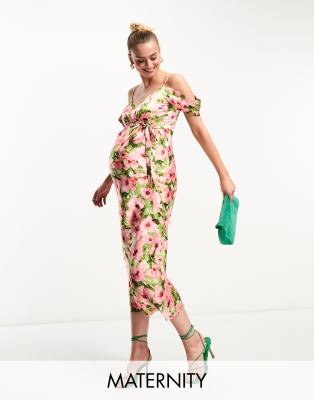 Hope & Ivy Maternity Cold Shoulder Satin Midaxi Dress In Pink Floral-multi