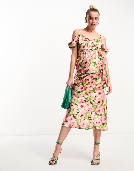 Hope & Ivy Maternity cold shoulder satin midaxi dress in pink floral, 4 of 4