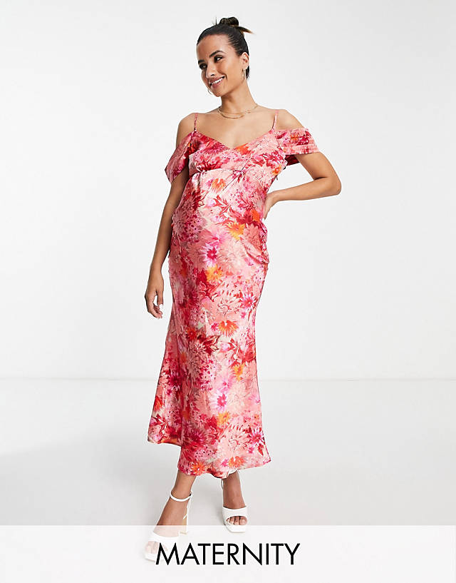 Hope & Ivy Maternity cold shoulder satin midi dress in red and pink floral