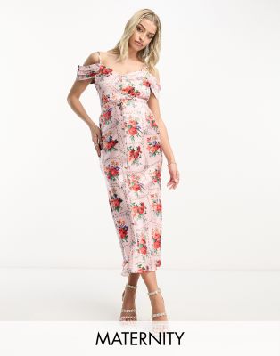 Hope & Ivy Maternity cold shoulder satin midi dress in red floral tile print - ASOS Price Checker