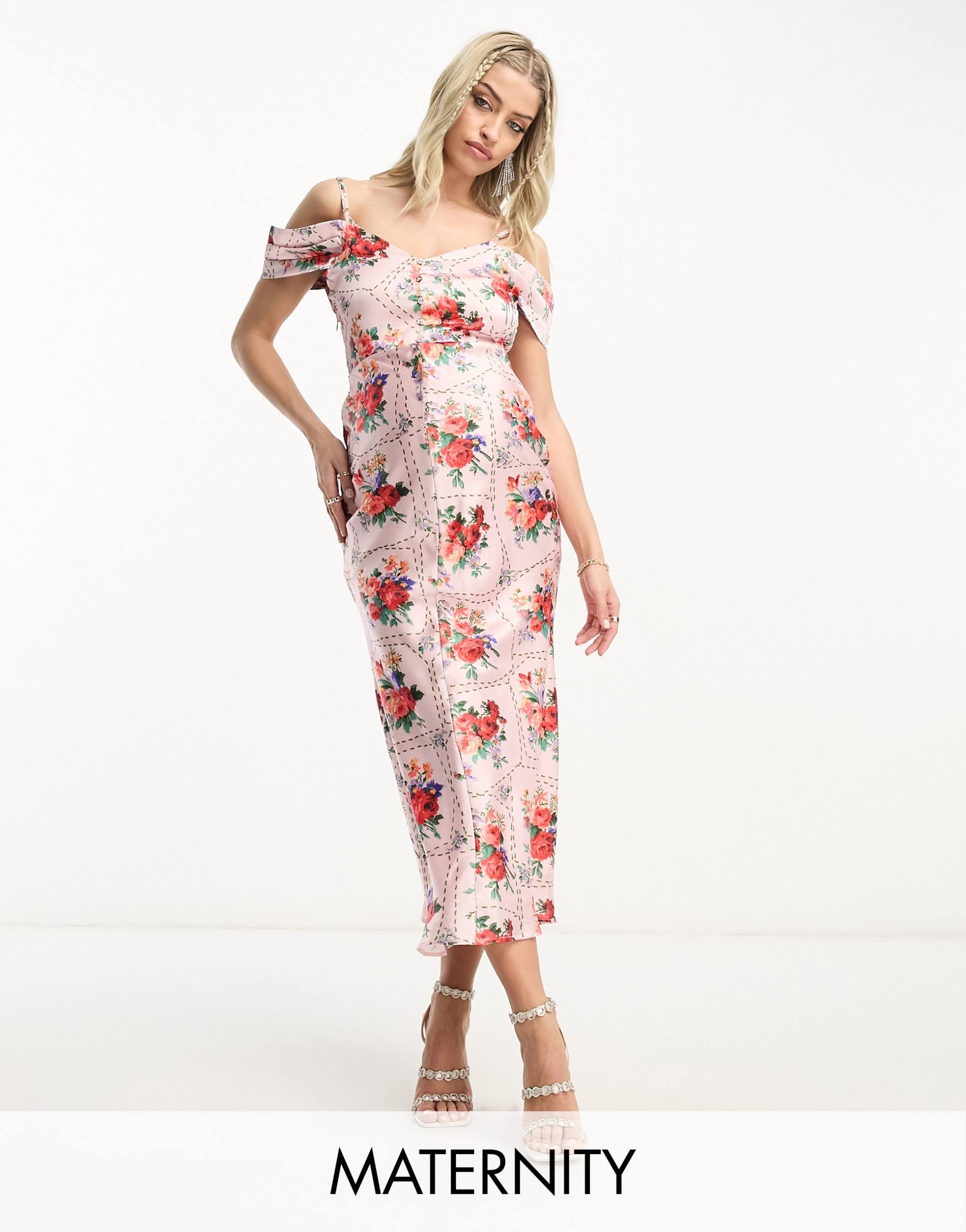 hope & ivy maternity cold shoulder satin midi dress in red floral tile print