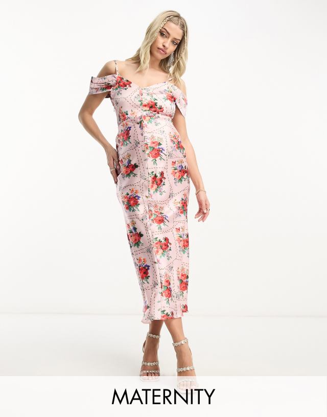 Hope & Ivy Maternity cold shoulder satin midi dress in red floral tile print