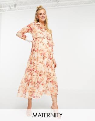 Hope & Ivy Maternity collared shirt dress with wrap tie and drop hem in