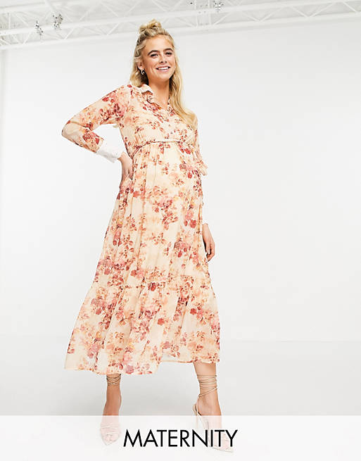 Hope & Ivy Maternity collared shirt dress with wrap tie and drop hem in blush floral