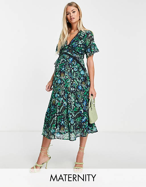 Hope & Ivy Maternity contrast lace midi tea dress in blue and green floral