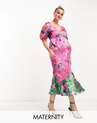 Hope & Ivy Maternity Contrast Print Satin Midi Dress In Pink-multi