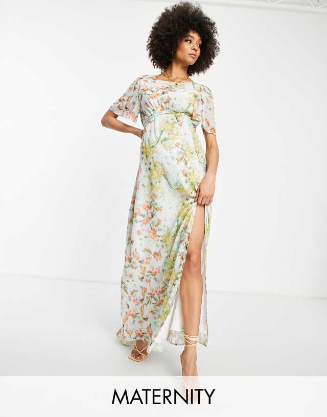 Hope & Ivy Maternity cowl back split maxi dress in sage floral