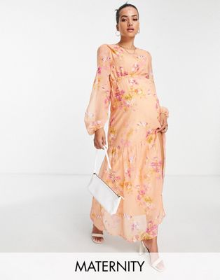 Hope & Ivy Maternity Cut-out Balloon Sleeve Maxi Dress In Peach And Ochre Floral-white