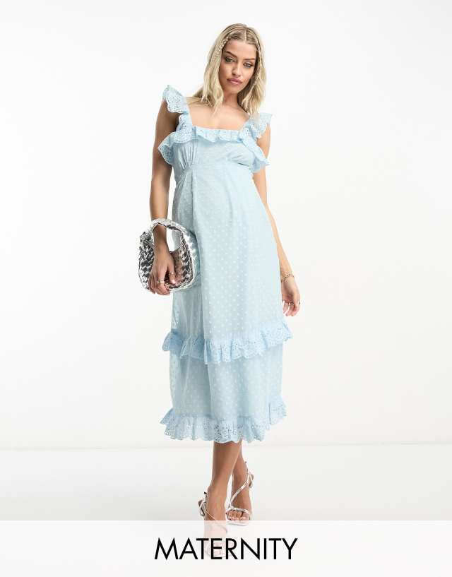 Hope & Ivy Maternity - dobby spot frill midi dress in duck egg blue