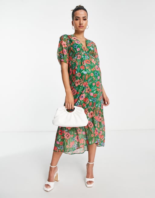 Hope & Ivy Maternity drop hem midi tea dress in green floral | ASOS