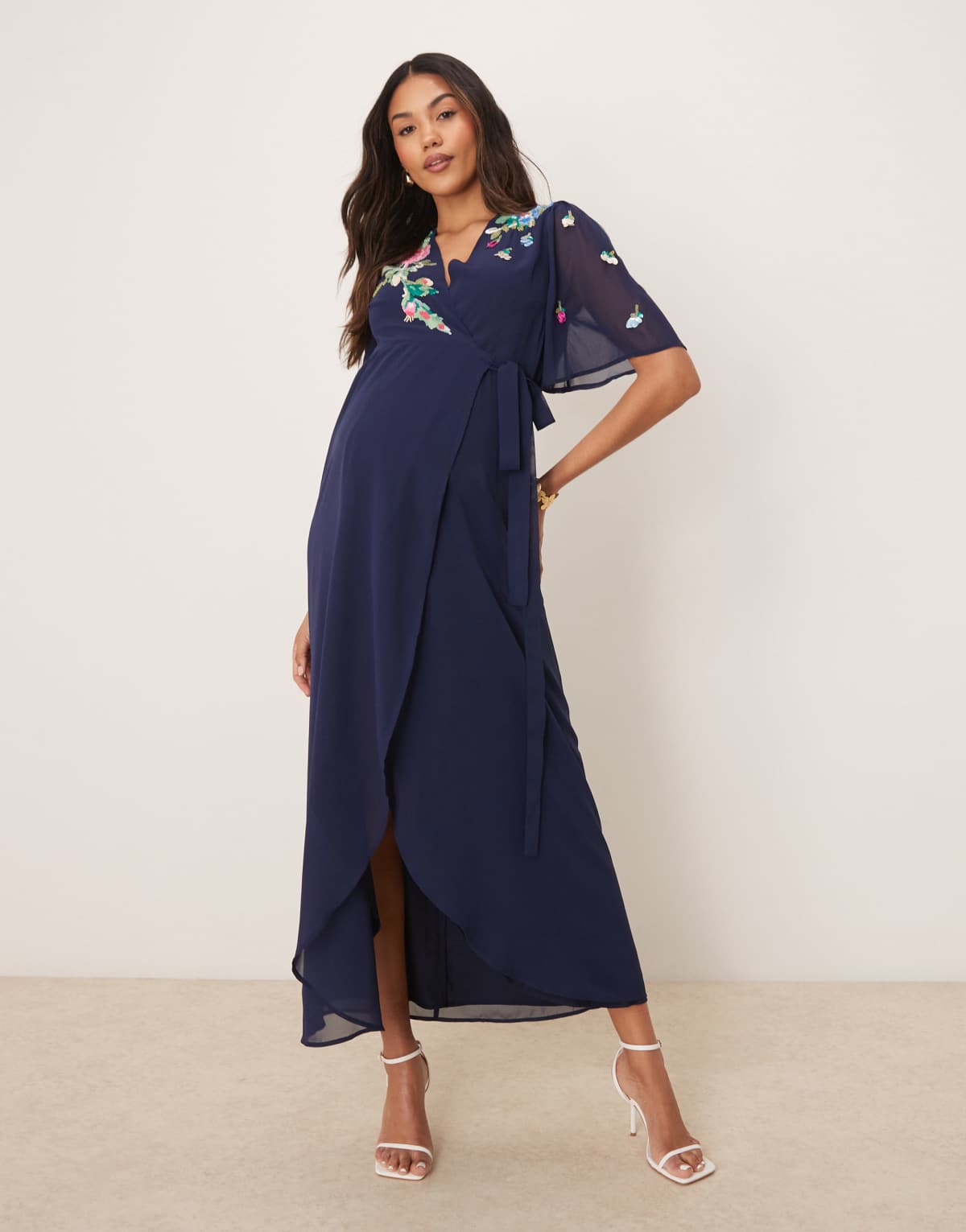 Hope & Ivy Maternity embellished flutter sleeve maxi wrap dress with tie waist in navy