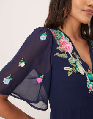 Hope & Ivy Maternity Embellished Flutter Sleeve Maxi Wrap Dress With Tie Waist In Navy