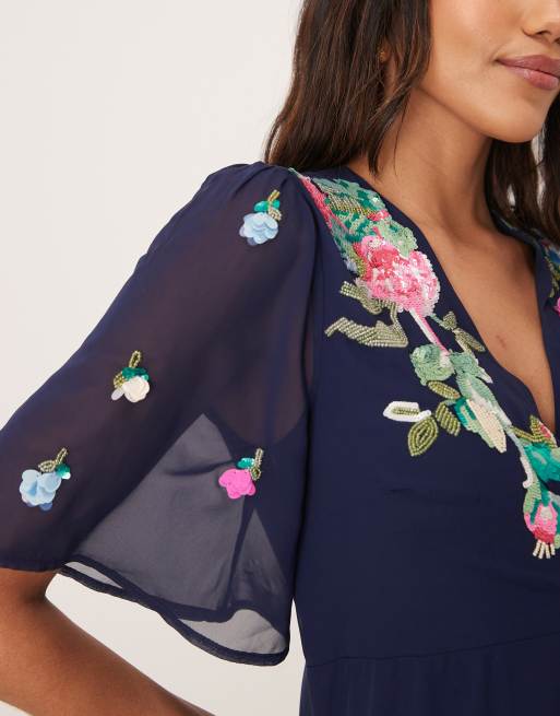Hope & Ivy Maternity embellished flutter sleeve maxi wrap dress with tie waist in navy, 2 of 4