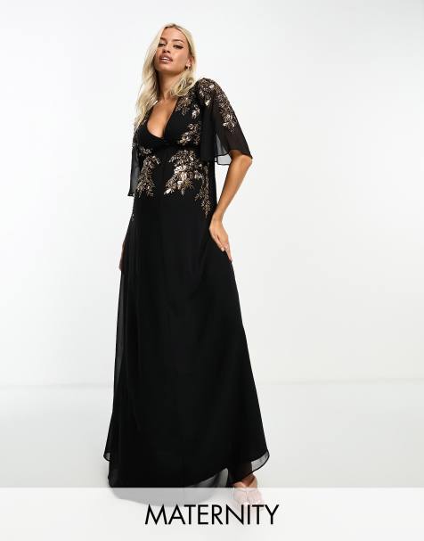 Miss Selfridge bandeau lace detail frill maxi dress with detachable straps  in black