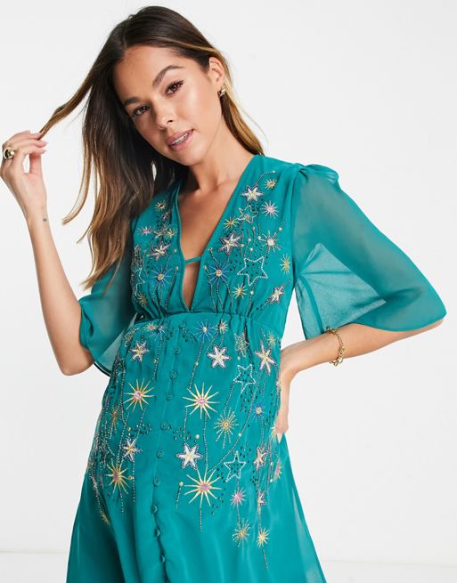 Hope & Ivy Maternity embellished midi tea dress in emerald green