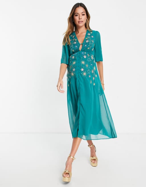 Hope & Ivy Maternity embellished midi tea dress in emerald green