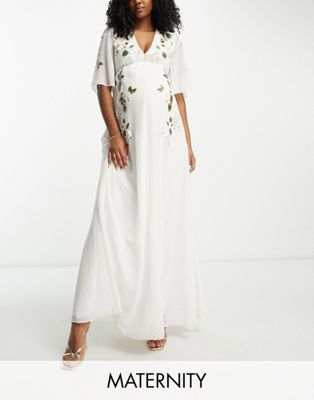 Hope & Ivy Maternity embellished plunge flutter sleeve maxi dress in cream - ASOS Price Checker