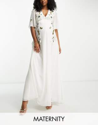 embellished plunge flutter sleeve maxi dress in cream-White