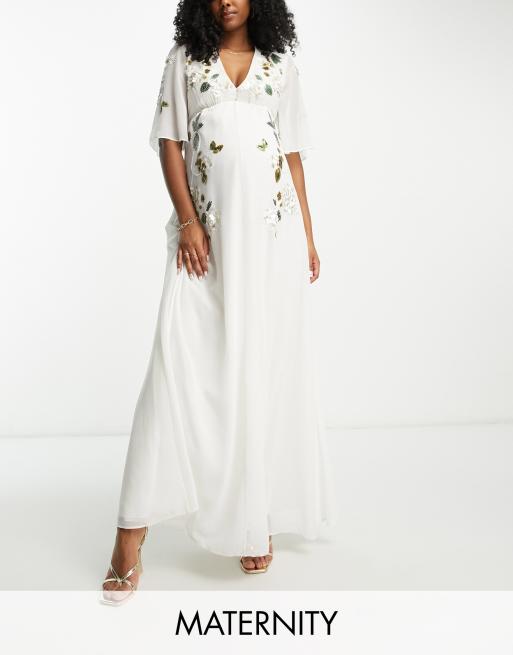 Hope & Ivy Maternity Bridal embroidered plunge maxi dress in ivory, ASOS