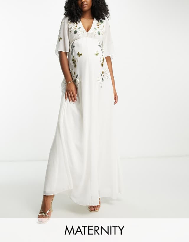 Hope & Ivy Maternity embellished plunge flutter sleeve maxi dress in cream